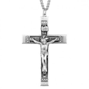 18-Inch Rhodium Plated Necklace with 4mm Garnet Birthstone Beads and Sterling Silver Papal Crucifix Charm.